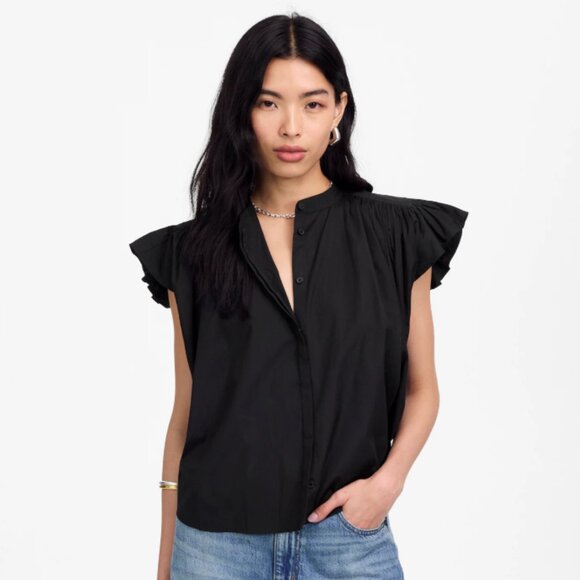NWT Madewell Poplin Shirred Button-Up Shirt Black Small - Picture 1 of 6
